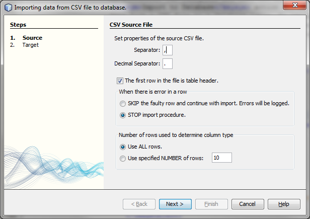 Parameters of the CSV Import source