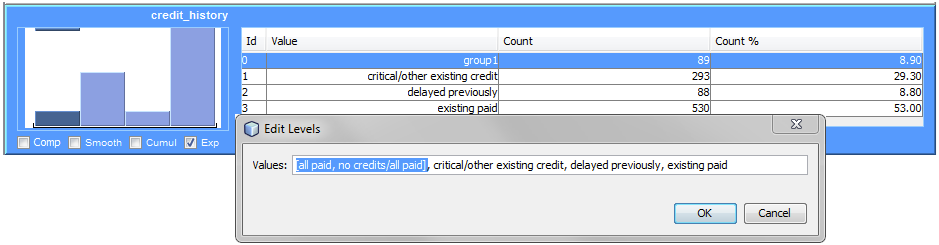 Grouping values in the Edit levels dialog