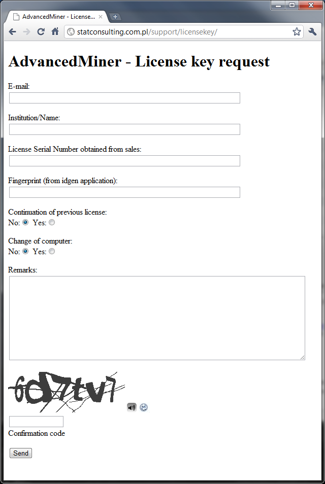 AdvancedMiner license key request form