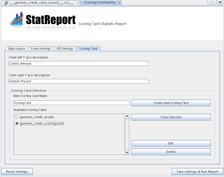 Stability Report Wizard - Scoring Card Settings