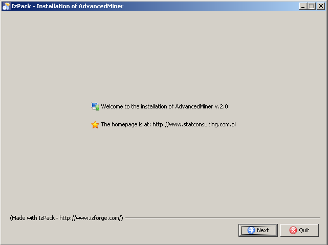 Installation of the AdvancedMiner System, the welcome window