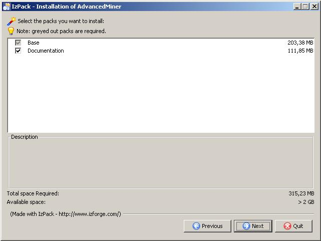 Installation of the AdvancedMiner System, selecting the packages to install