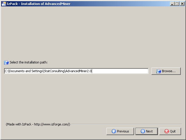 Installation of the AdvancedMiner System, selecting the target directory