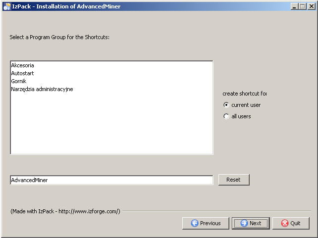 Instalation of the AdvancedMiner System, selecting the Program Group for Start Menu shortcuts