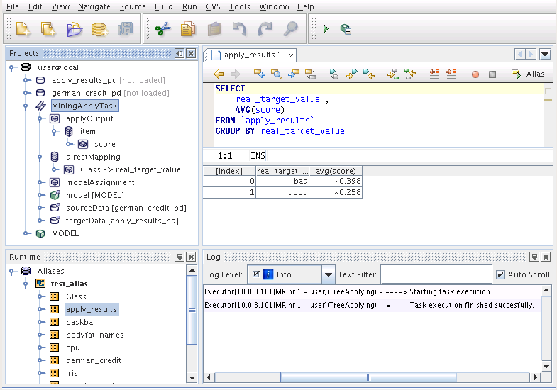The result of executing MiningApplyTask