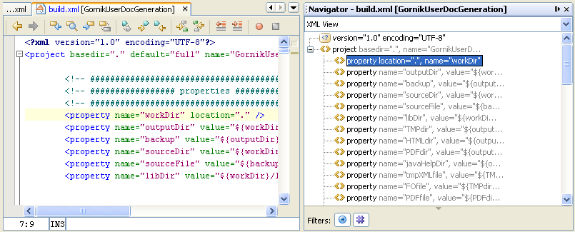 Navigator support for xml files