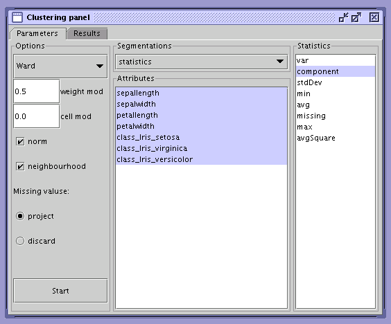 Clustering Panel - Parameters