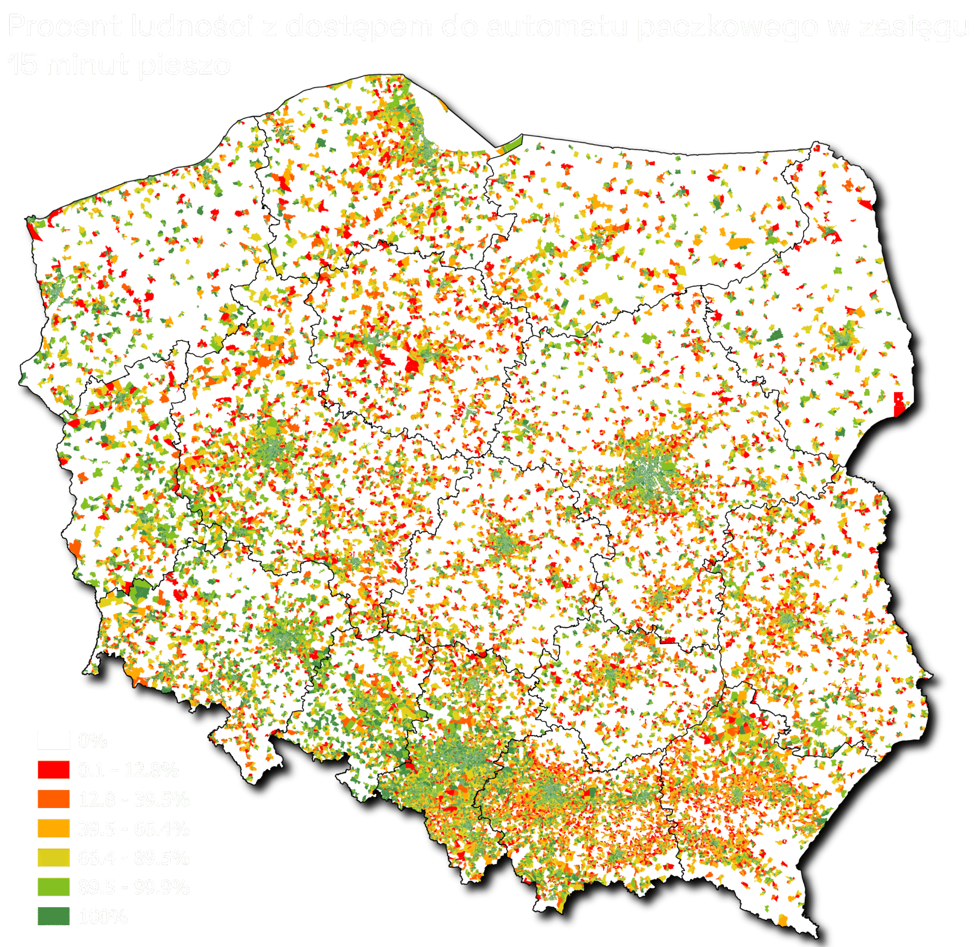 procent ludności z dostępem do automatu paczkowego w zasięgu 15 minut pieszo wizualizacja dane przestrzenne wyznaczanie tras
