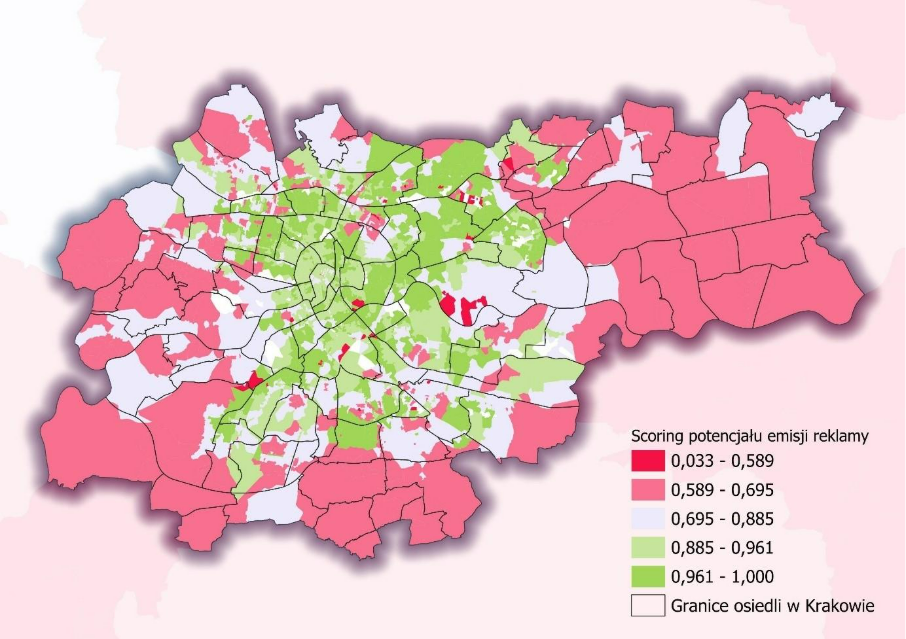 Mapa rozkładu geo-scoringu według kodów pocztowych w Polsce (Kraków) – quality_score_zip 90. percentyl