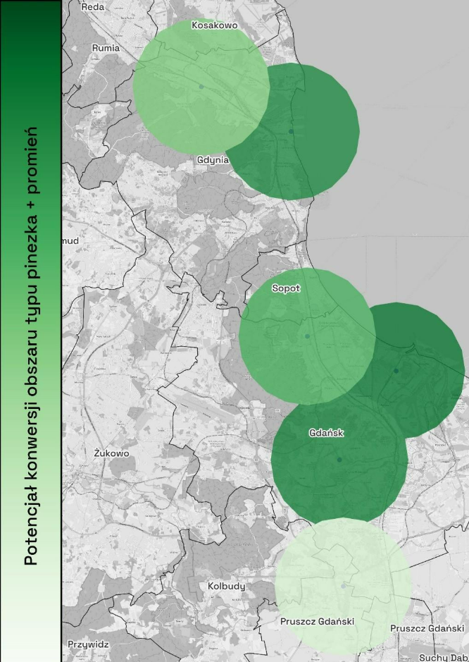 Segmenty geo oparte na pinezkach z promieniem – wizualizacja obszarów Top 5%, Top 10% i Top 20% geo-scoringu