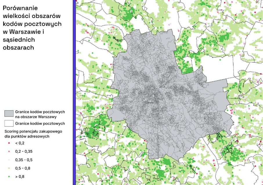 Mapa kodów pocztowych Warszawy i gmin sąsiednich przedstawiająca zróżnicowanie wielkości obszarów ZIP