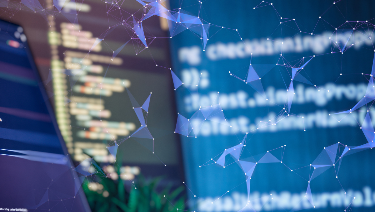 Algolytics - Close-up of computer code on a screen with a digital data visualization overlay.