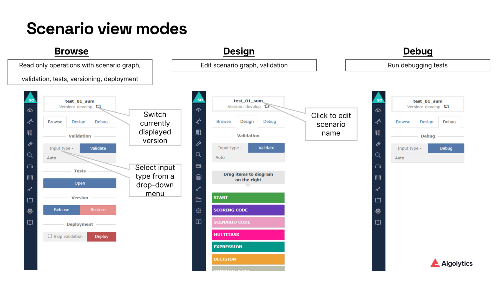scenario view modes scoring.one browse design debug debugger feature