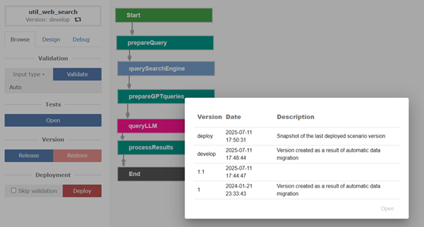 all available versions, including develop, released versions, and the deployed version
versioning in Scoring.One