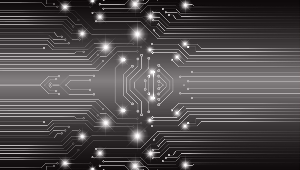 Algolytics - Abstract design featuring a circuit board pattern with glowing lines and nodes on a dark background.