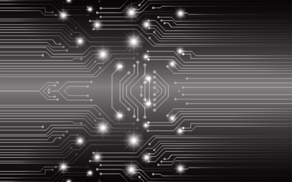 Algolytics - Abstract design featuring a circuit board pattern with glowing lines and nodes on a dark background.